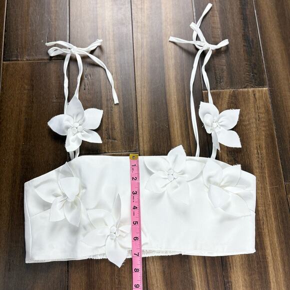 Elegant White Floral Women Crop Top, tie Straps, Smocked Back Bandeau size M - Picture 3 of 6